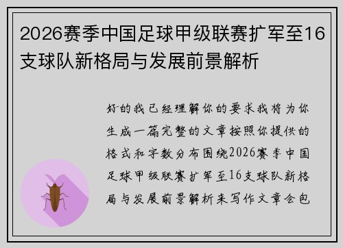 2026赛季中国足球甲级联赛扩军至16支球队新格局与发展前景解析